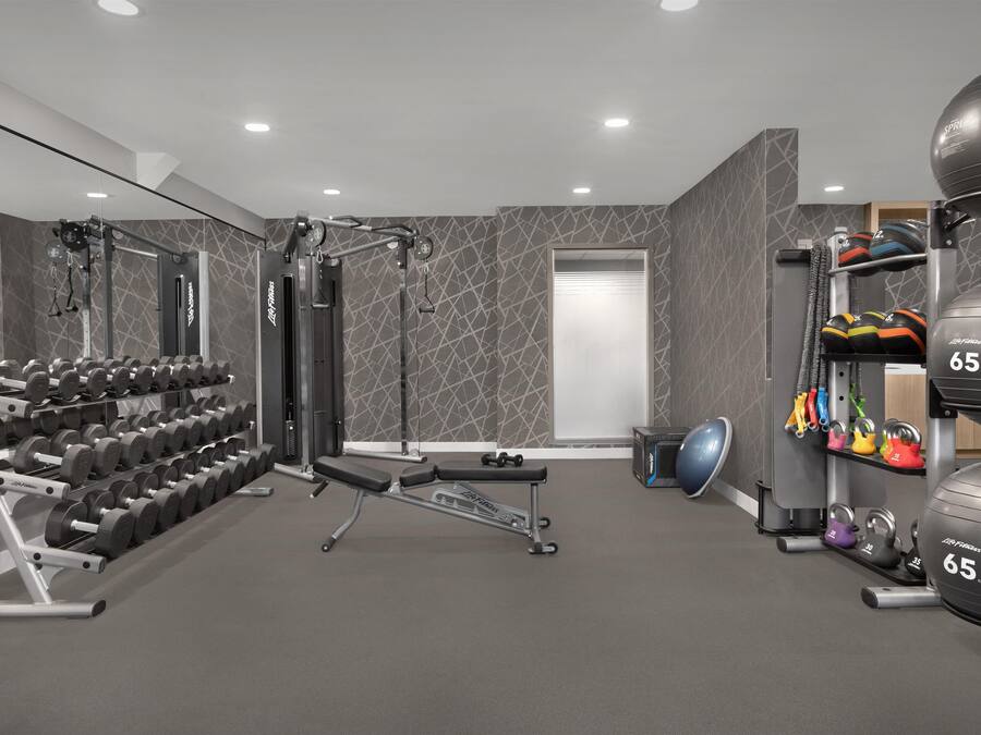 Uma academia com equipamentos de musculação, halteres e bolas de exercício.