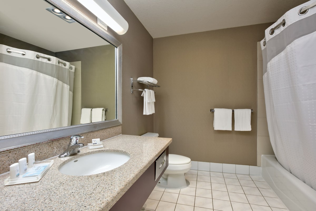 Combined shower/bathtub, free toiletries, hair dryer, towels