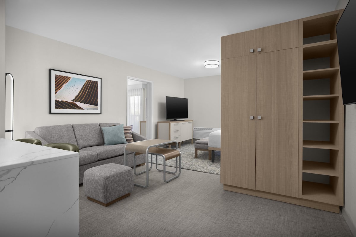 A modern living room with a sofa, ottoman, TV, and a large wooden wardrobe.