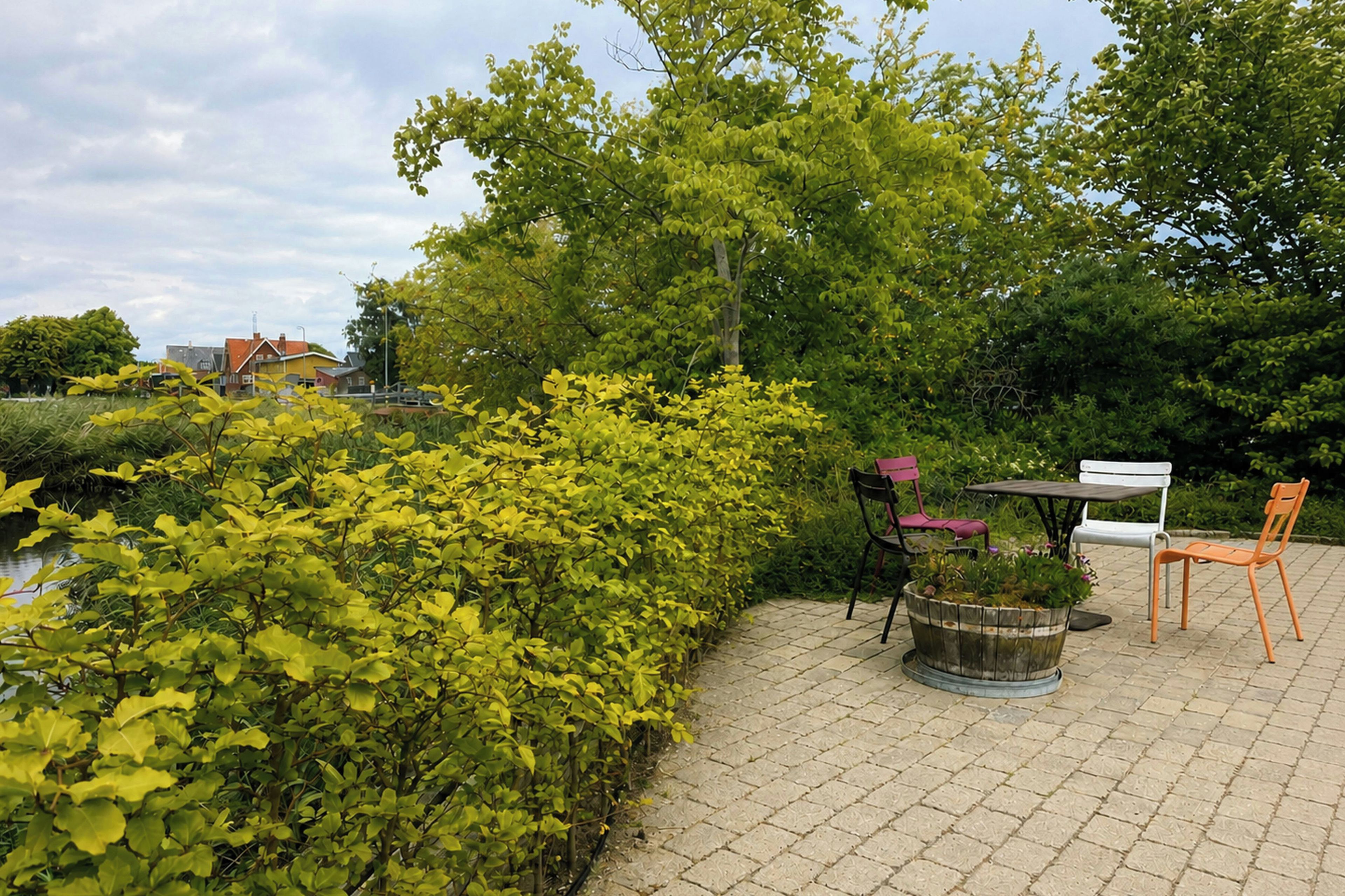 Un'area patio esterna con tavolo e sedie, circondata da vegetazione e un siepe.