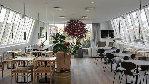 A spacious, modern interior with multiple dining tables and chairs, large windows, and a central potted plant. - Four Points Flex by Sheraton Køge (Koge)
