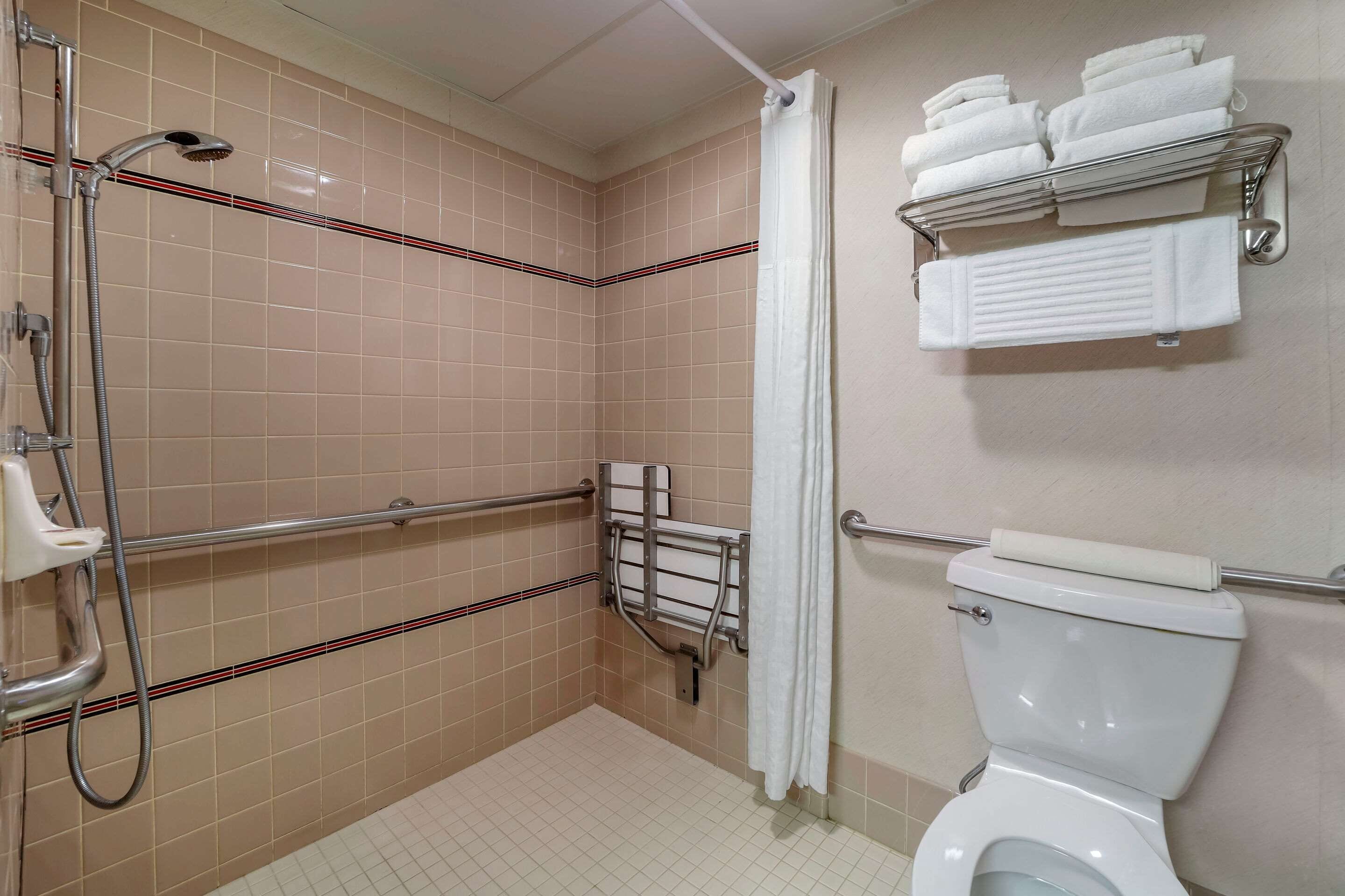 A bathroom with a shower, grab bars, a toilet, and a towel rack.