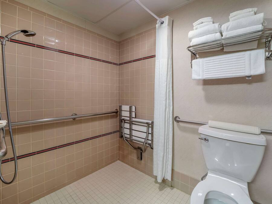 A bathroom with a shower, grab bars, a toilet, and a towel rack.