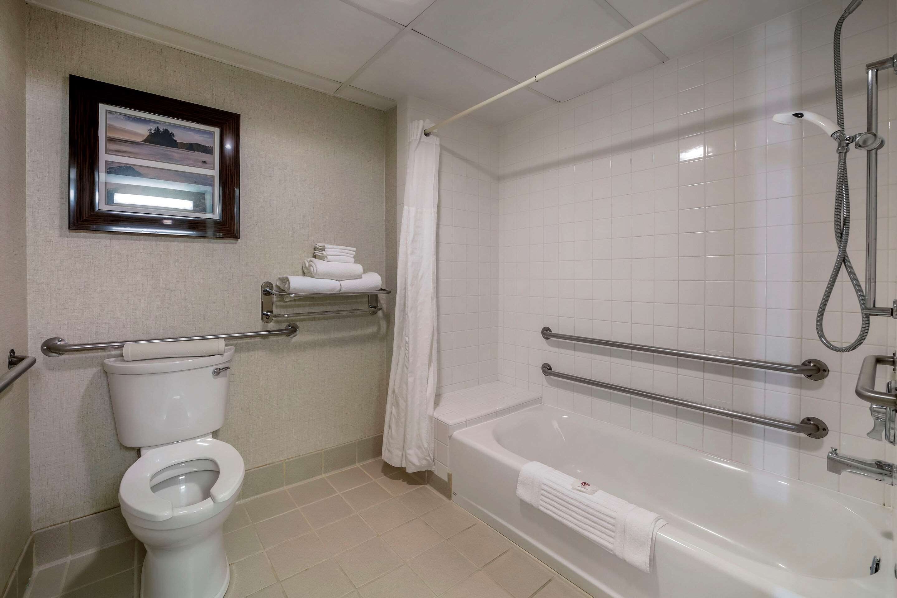 A bathroom with a toilet, a bathtub, and a shower.