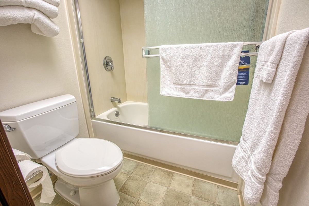 deluxe one bedroom king suite | bathroom | combined shower/bathtub, free toiletries, hair dryer, towels