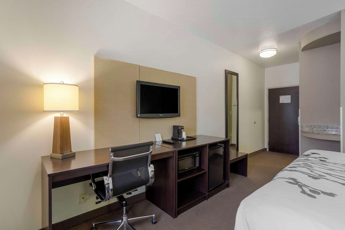 A hotel room with a desk, chair, television, microwave, and a bed.