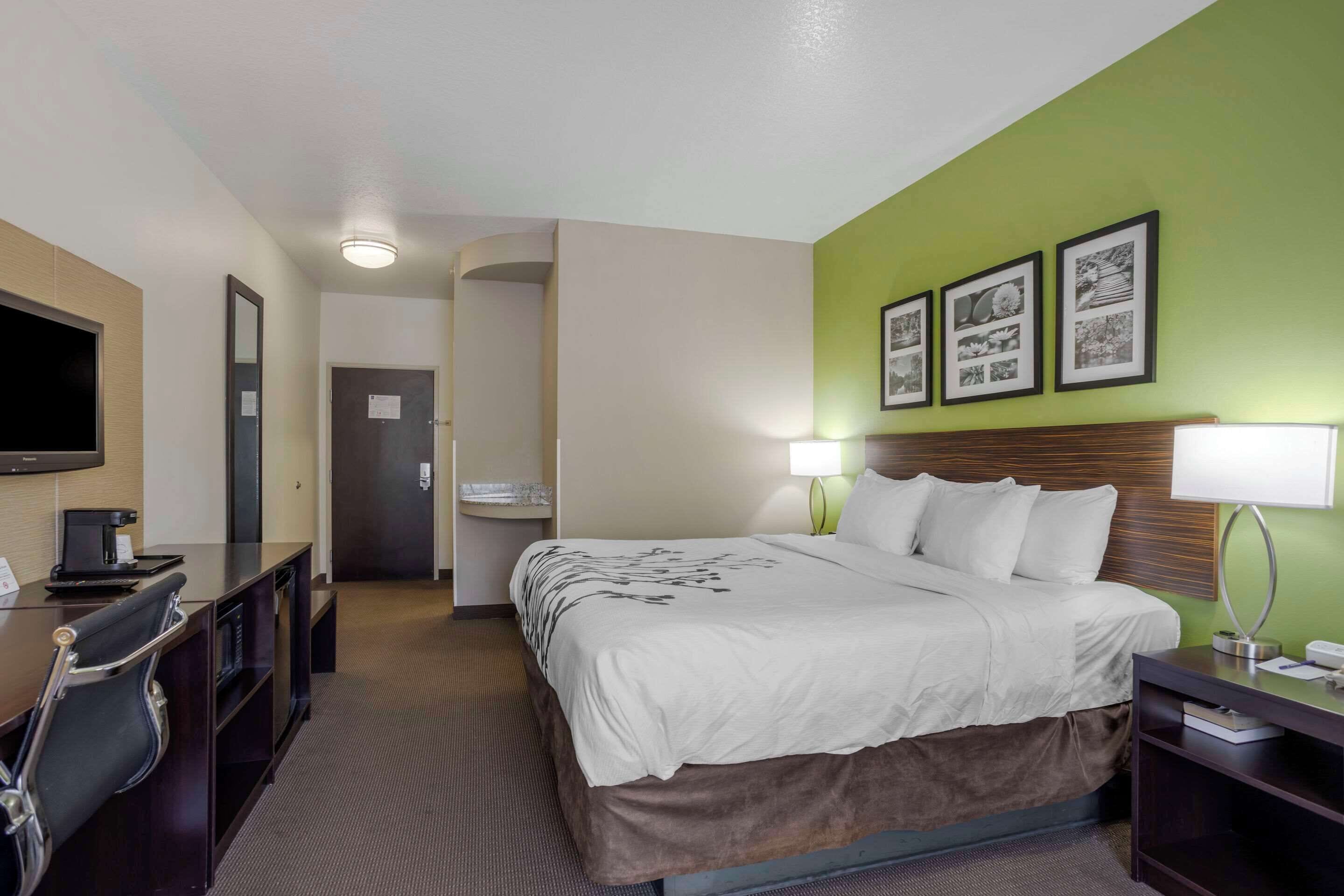Quarto de hotel com cama, escrivaninha, cadeira, televisão e obras de arte na parede.