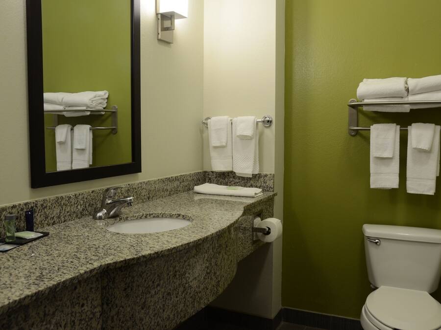 A bathroom with a granite sink, a toilet, and a mirror.
