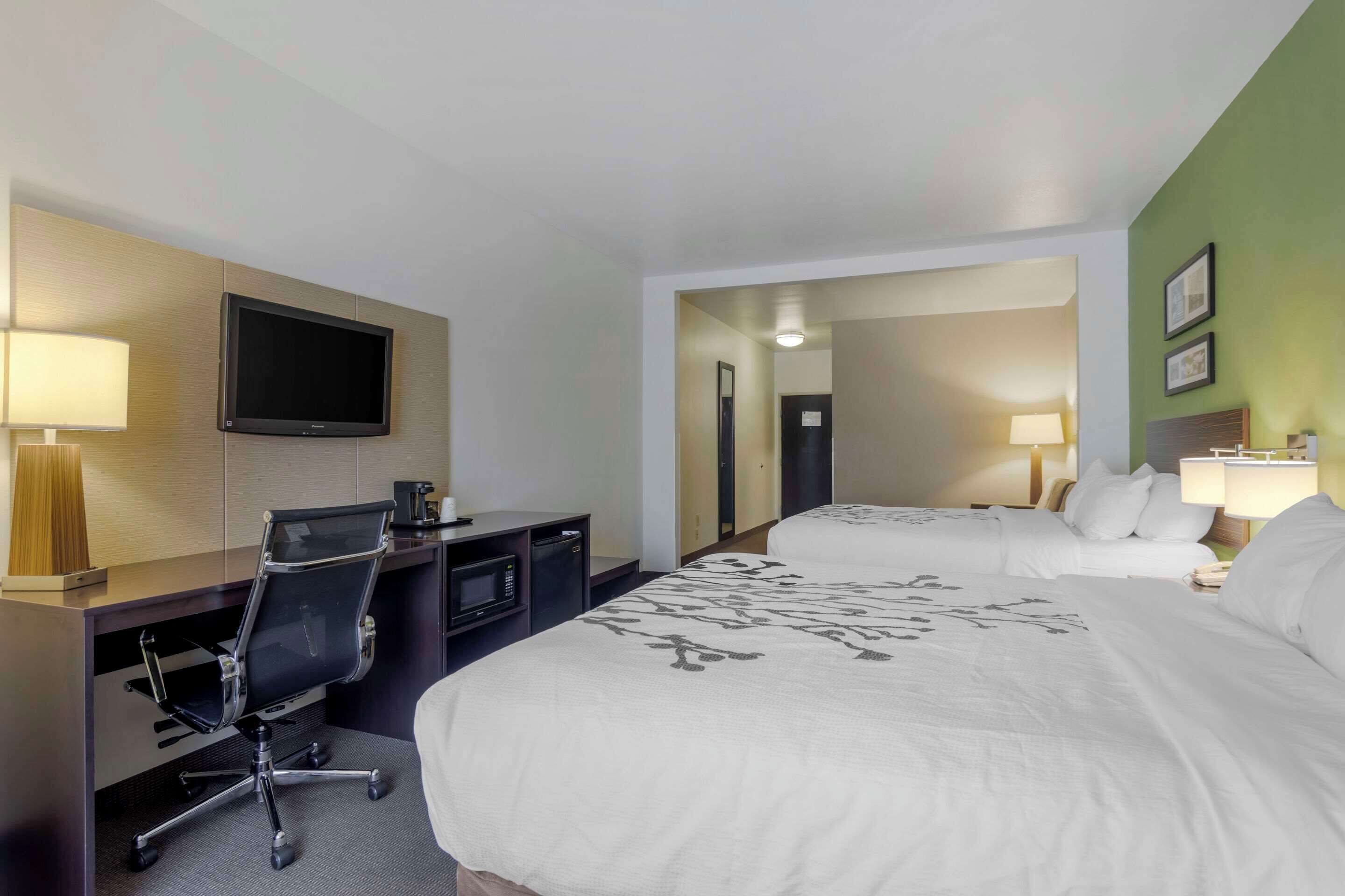 Una habitación de hotel con cama, escritorio, silla, televisor y microondas.