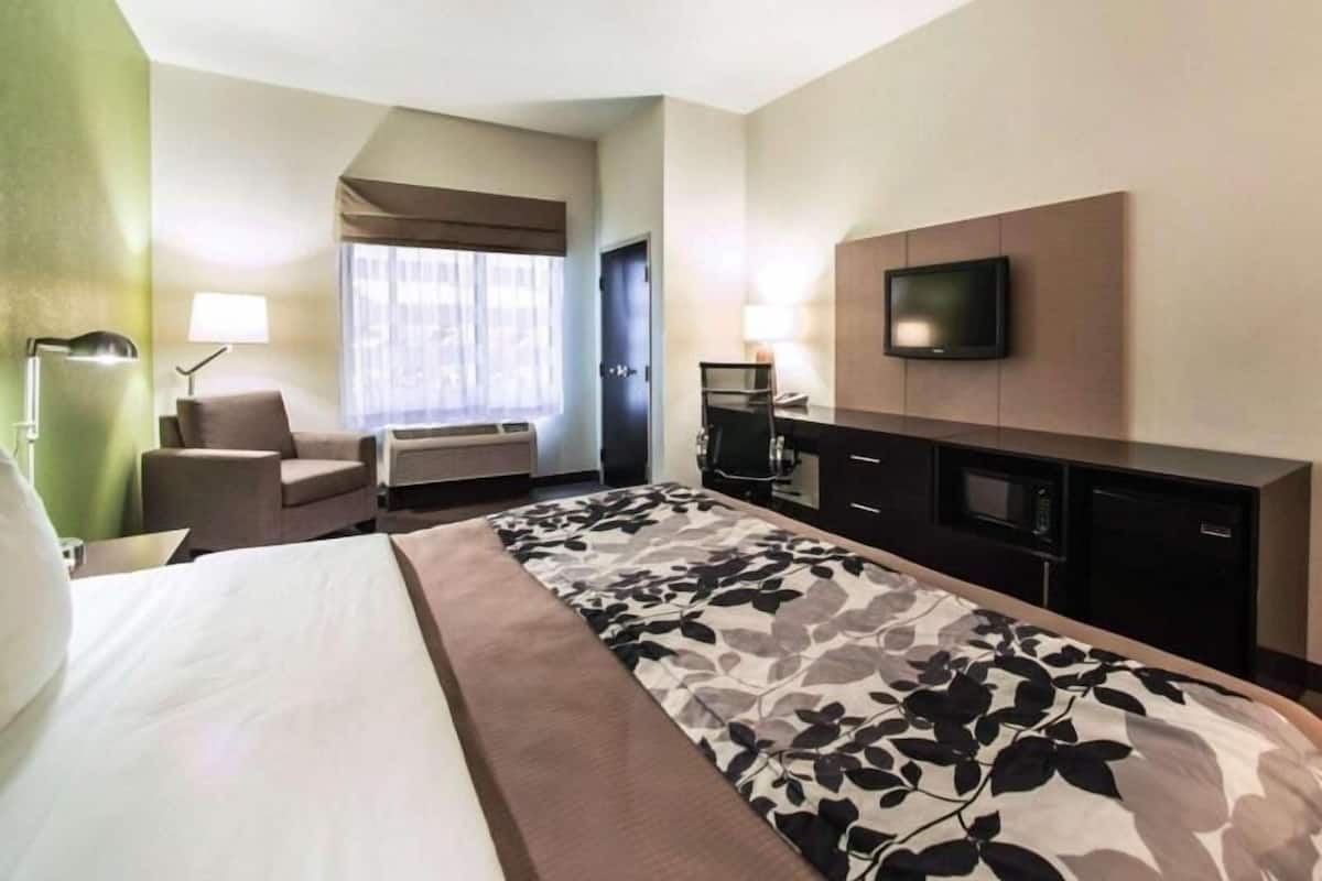 A hotel room with a bed, a desk, a chair, a TV, and a window with curtains.