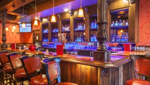 Een bar met houten toonbanken, rode bekleden barkrukken en diverse flessen en glazen op planken.