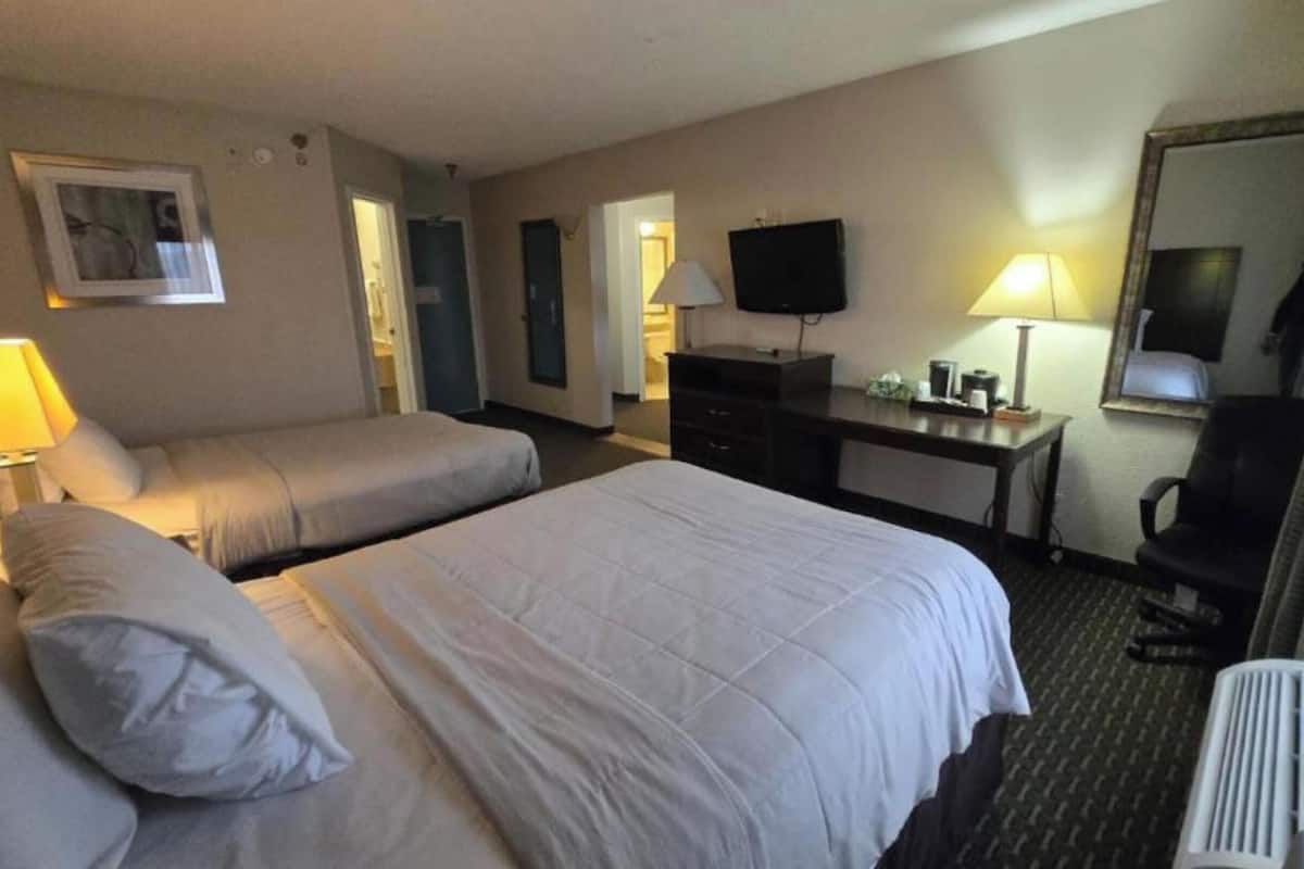 Une chambre d’hôtel avec deux lits, un bureau, une télévision et un miroir.