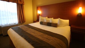 Una habitación de hotel con una cama grande, dos lámparas de noche, una ventana con cortinas y un cabecero de madera.