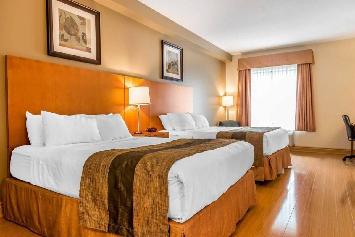 Habitación de hotel con dos camas, cabeceras de madera y lámparas de noche.