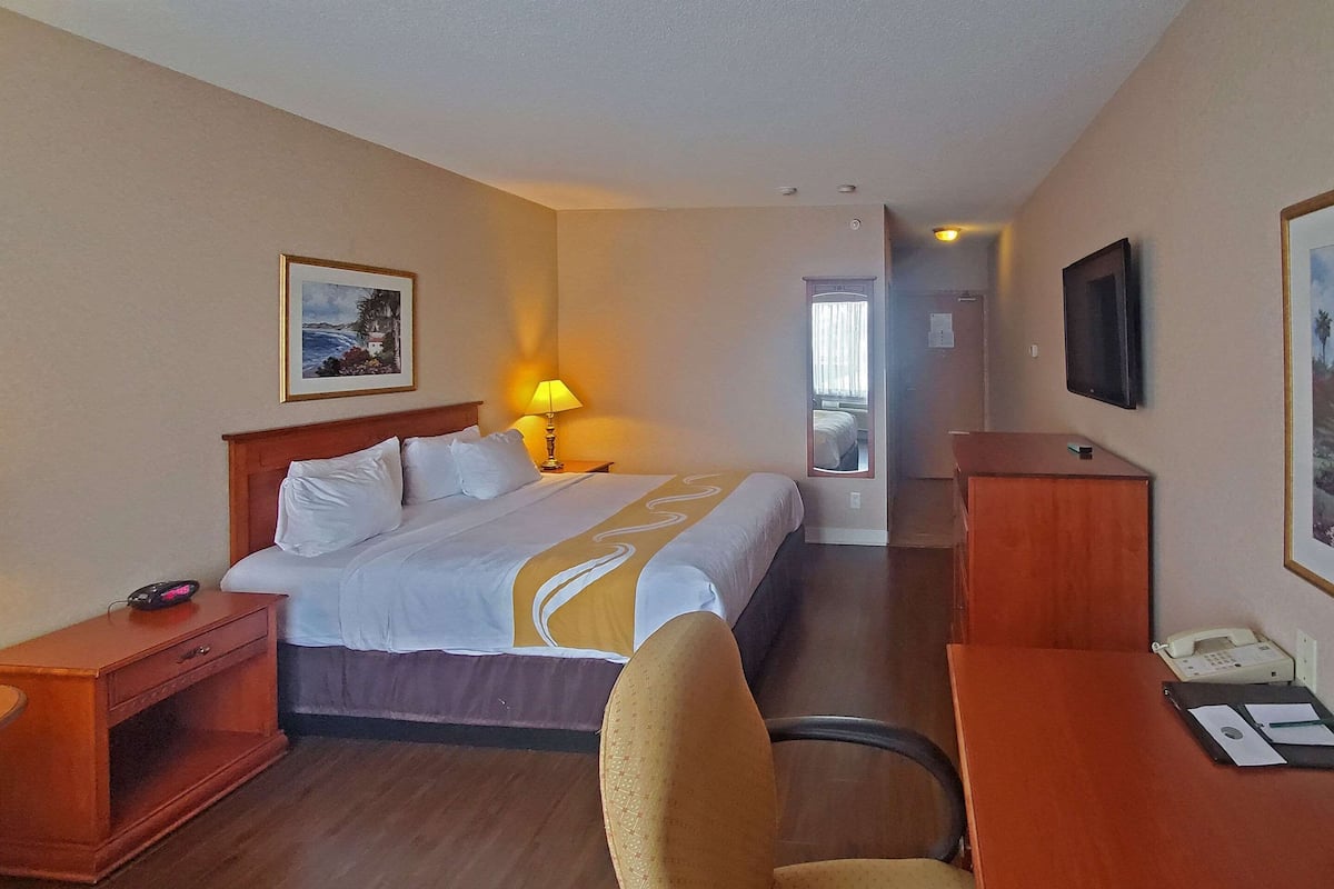 Une chambre d’hôtel comprenant un lit, une table de chevet, une lampe, un bureau, une chaise et un tableau encadré au mur.