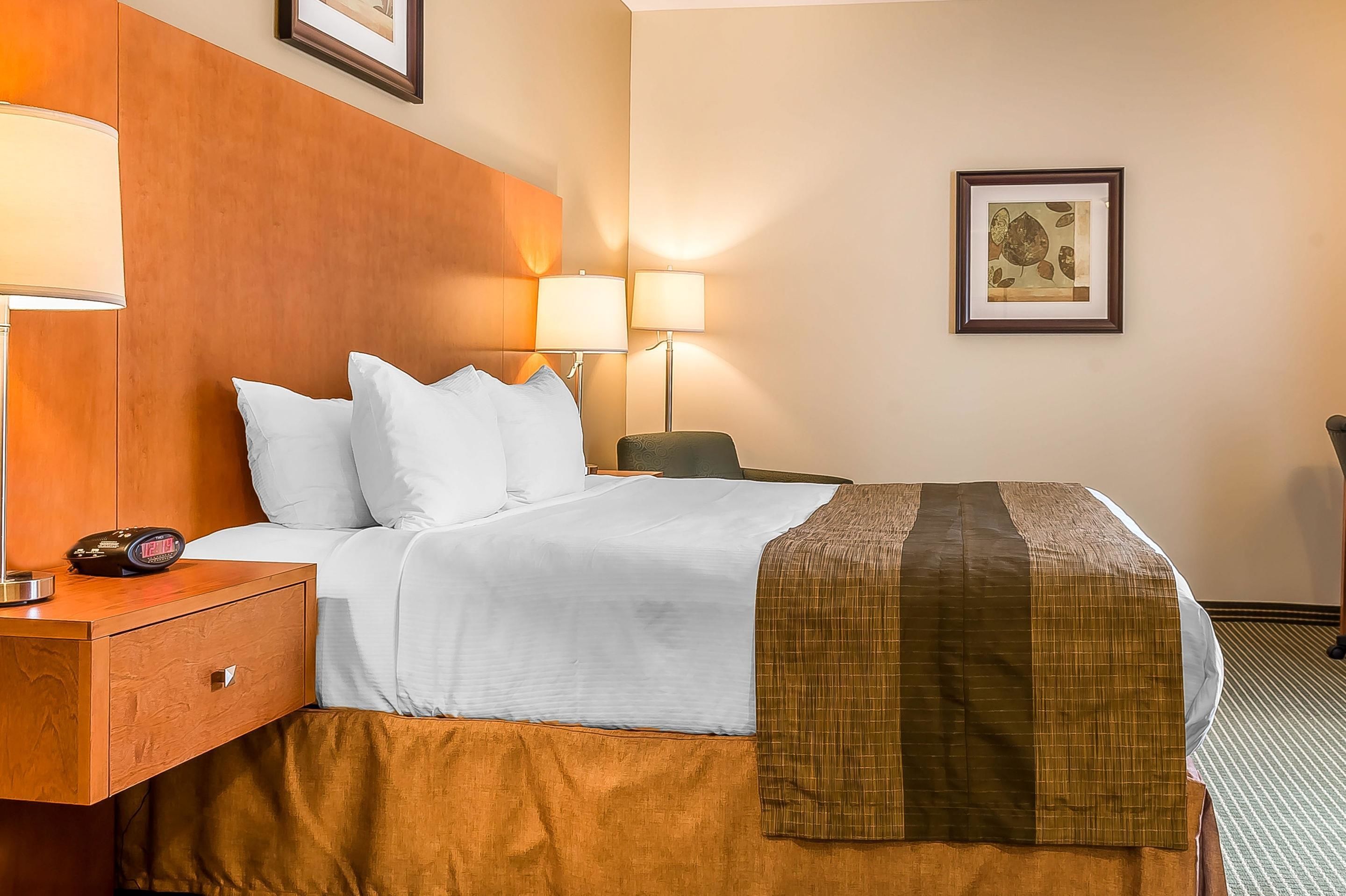A hotel room with a bed, bedside lamps, a nightstand, and a framed picture on the wall.