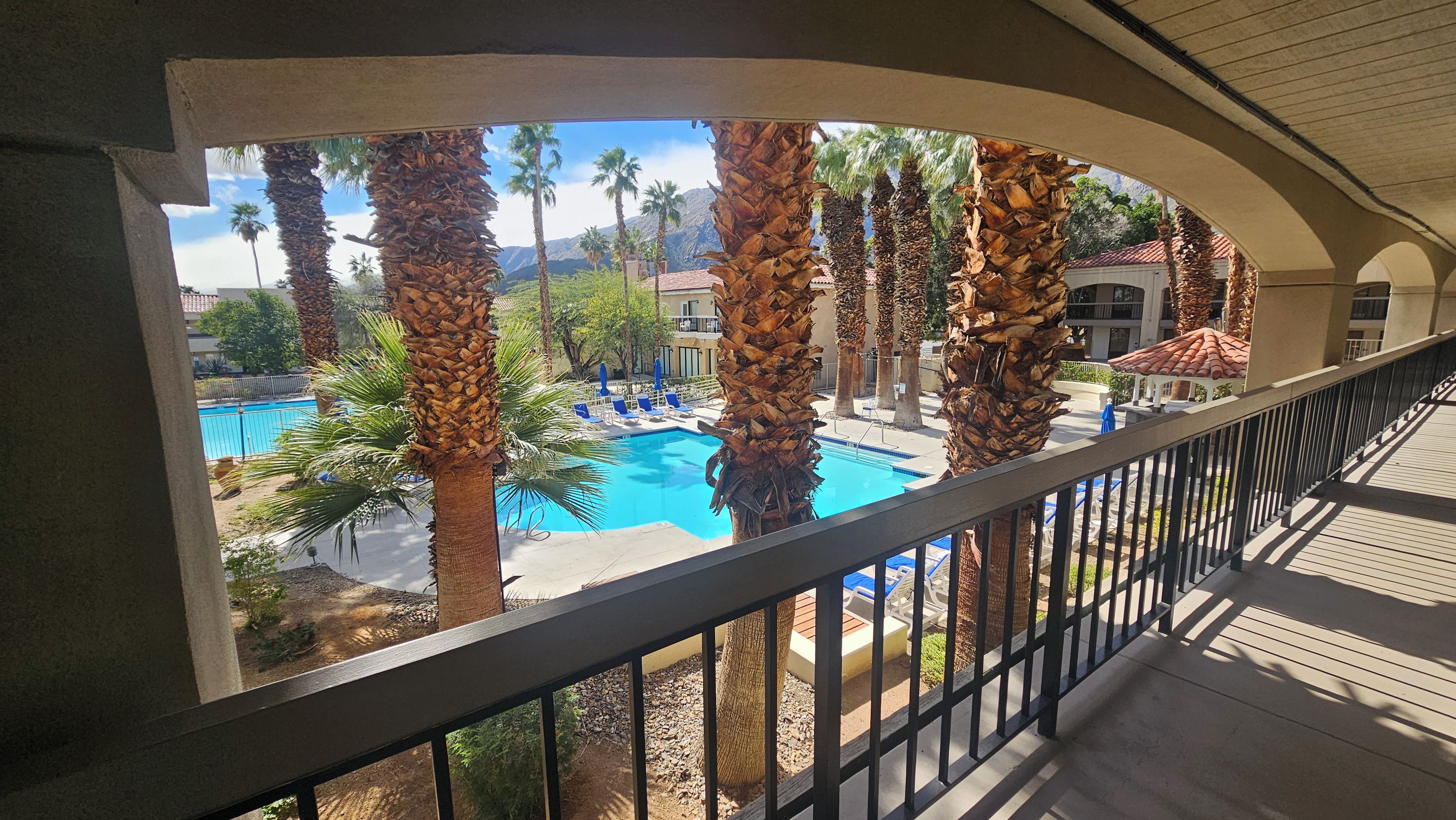 A pool area with palm trees and a view of a mountain range.
