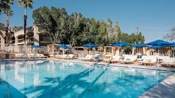 2 outdoor pools, a heated pool, open 9:00 AM to 10:00 PM, free cabanas