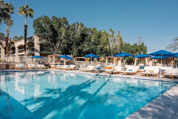 2 outdoor pools, a heated pool, open 9:00 AM to 10:00 PM, free cabanas