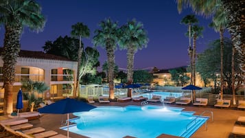 2 outdoor pools, a heated pool, open 9:00 AM to 10:00 PM, free cabanas