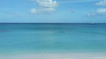 A beach with clear turquoise water, a sandy shore, and a sailboat in the distance.