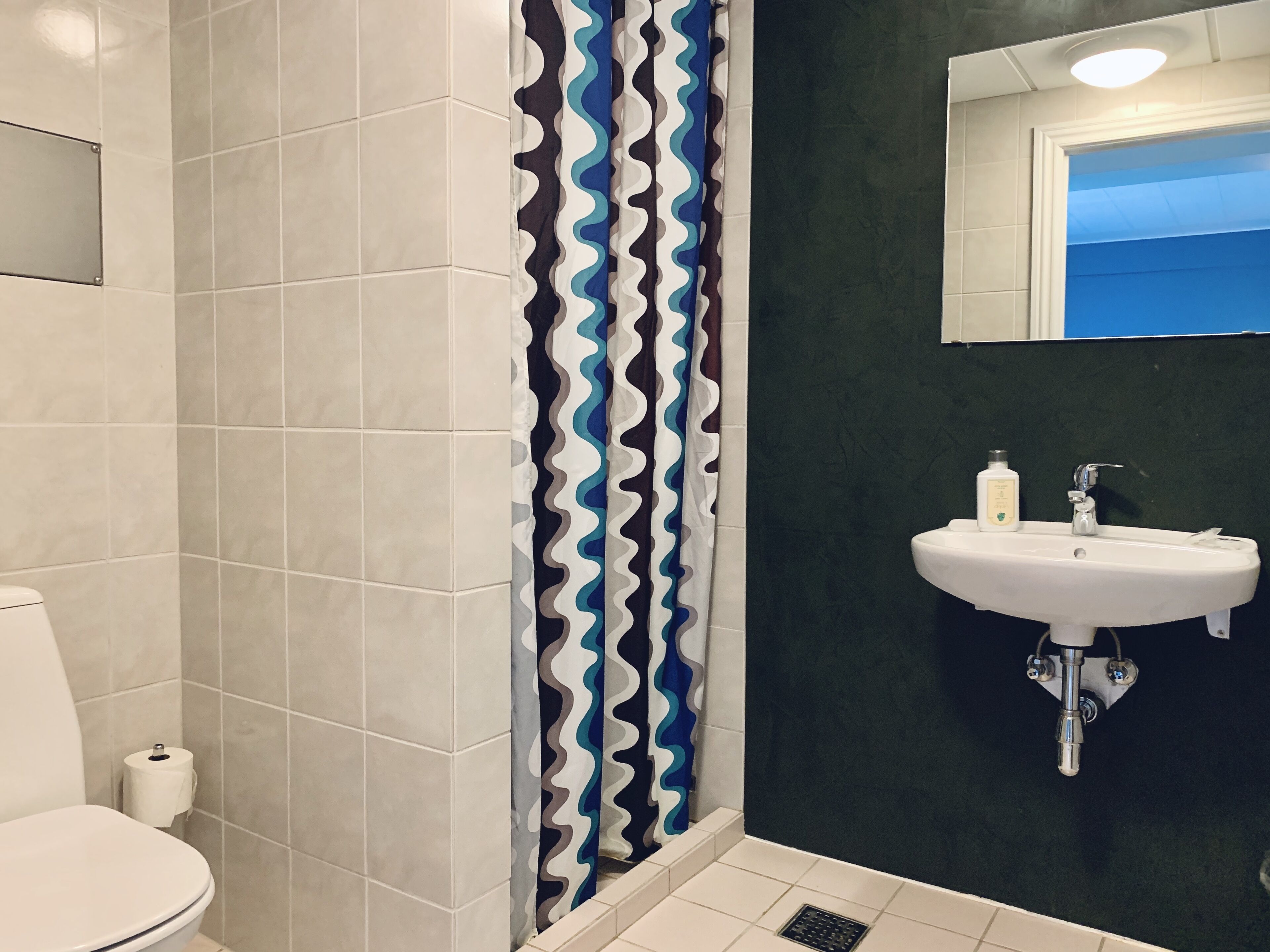 Une salle de bain équipée de toilettes, d’un lavabo et d’un rideau de douche à motifs ondulés.