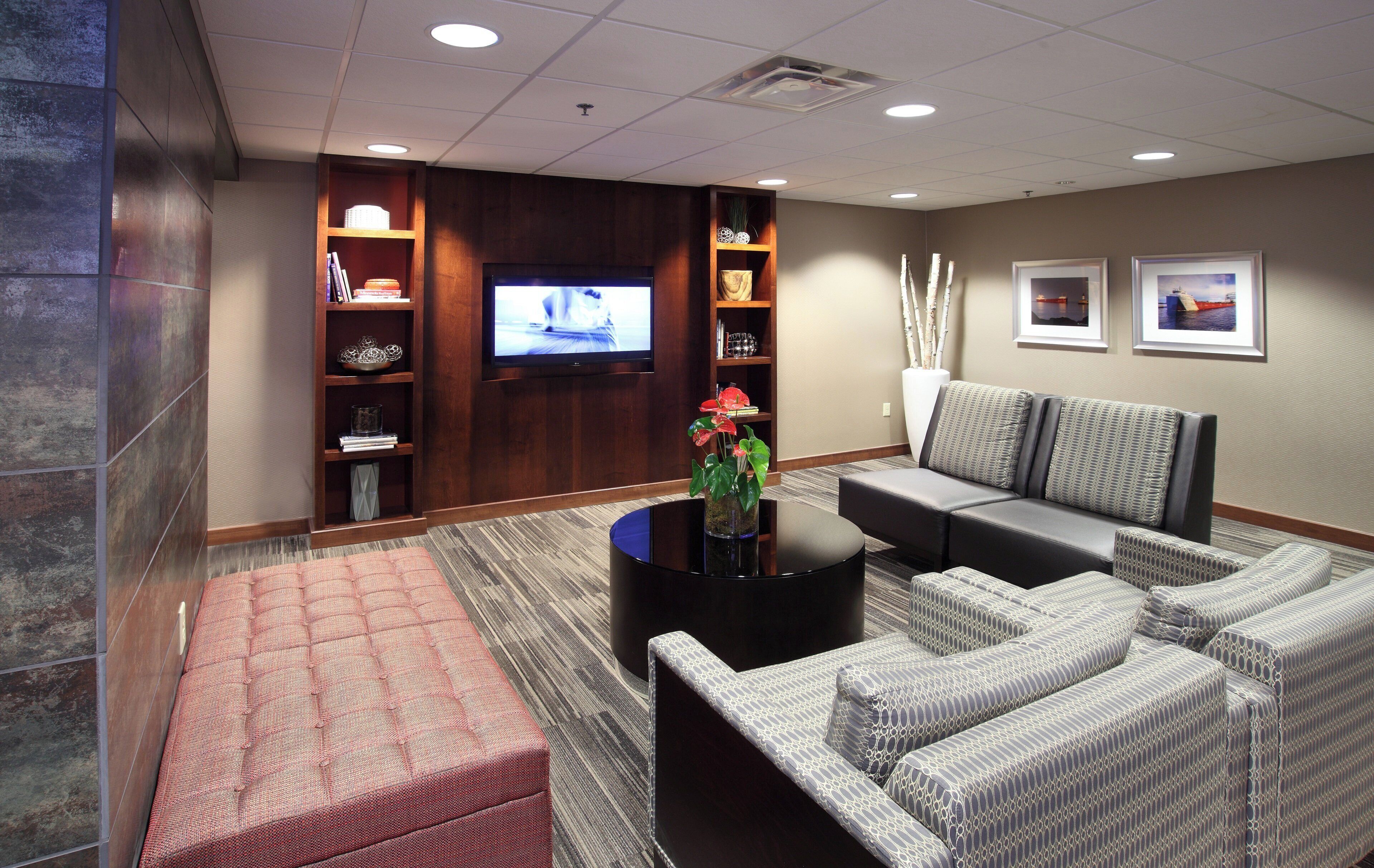 A modern lounge area with a flat-screen TV, comfortable seating, and a decorative plant centerpiece.