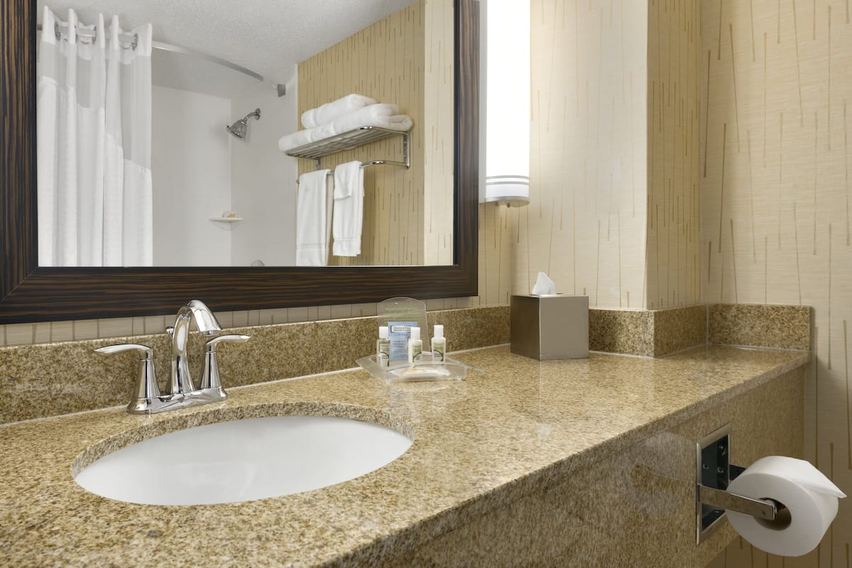 Une salle de bain dotée d’un comptoir en granit, d’un lavabo blanc, d’un grand miroir, d’un porte-serviettes et d’un support à papier toilette.