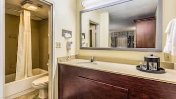 Une salle de bain équipée d’une douche, de toilettes, d’un meuble-lavabo avec un évier et d’un grand miroir.
