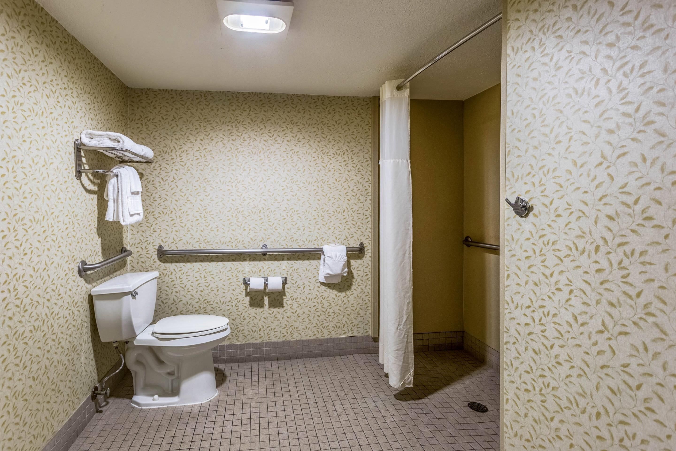 A bathroom with a toilet, a towel rack, and a shower curtain.