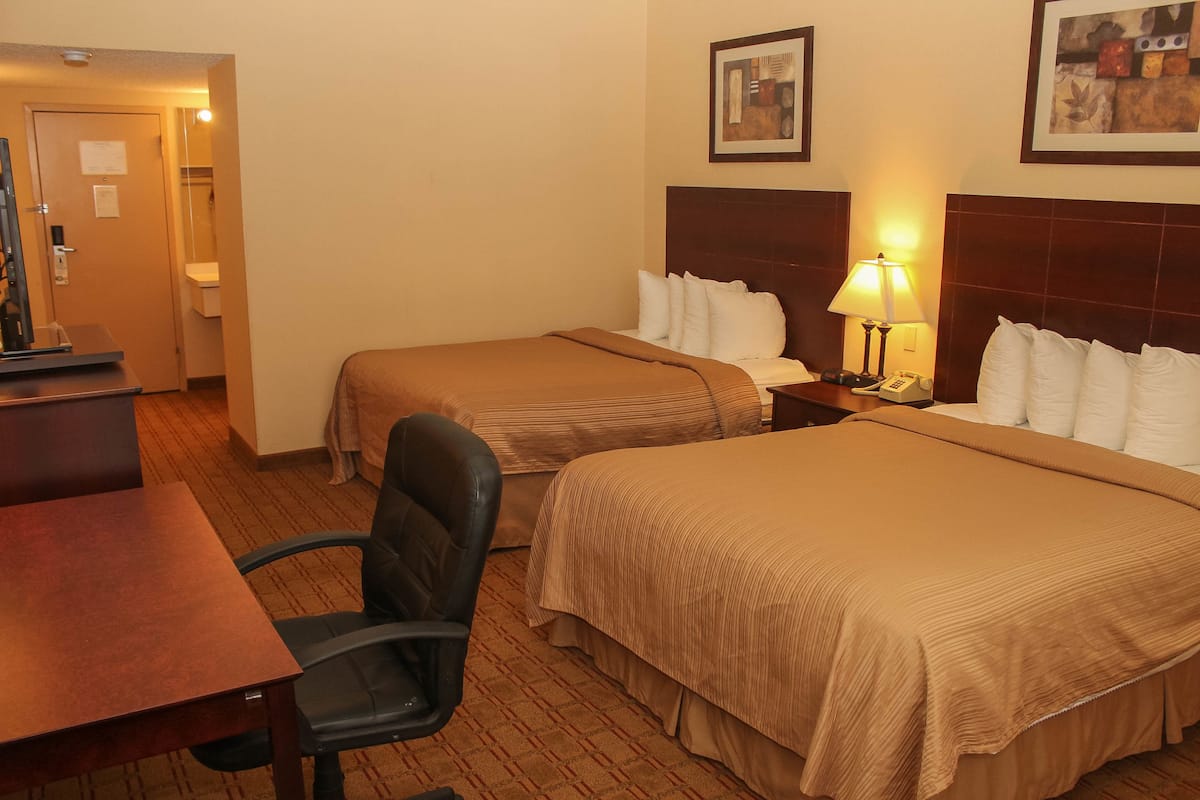 A hotel room with two beds, a desk, a chair, and a nightstand with a lamp.