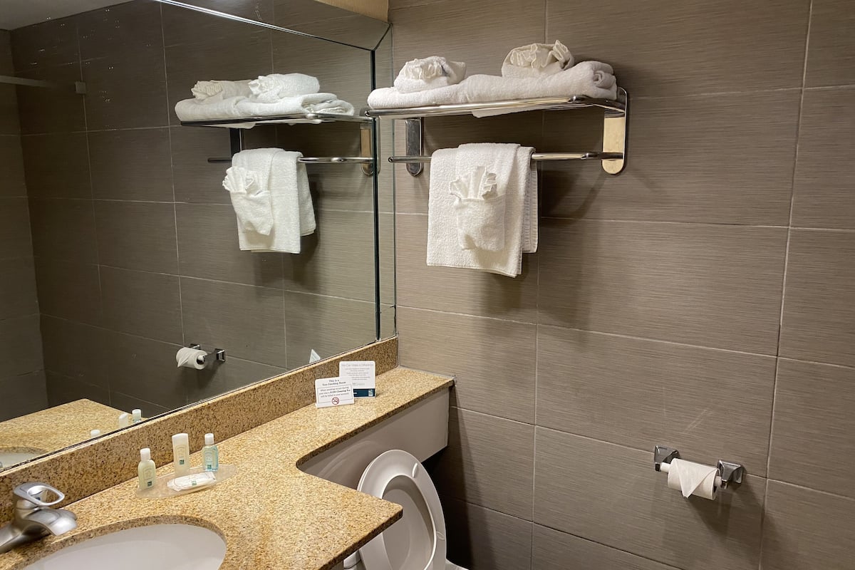 bathtub, free toiletries, hair dryer, towels