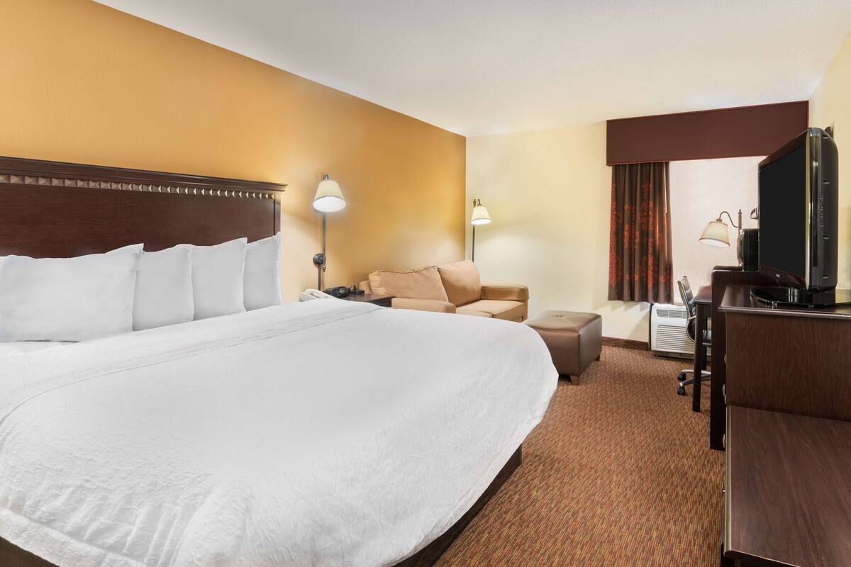 A hotel room with a large bed, a desk, a chair, a sofa, and a television.