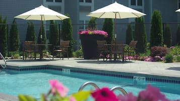 A swimming pool with chairs and umbrellas, surrounded by a fence and greenery.