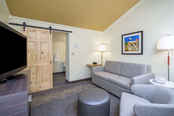 A hotel room with a gray sofa, a television on a stand, a sliding door, a framed picture on the wall, and a lamp on a side table.