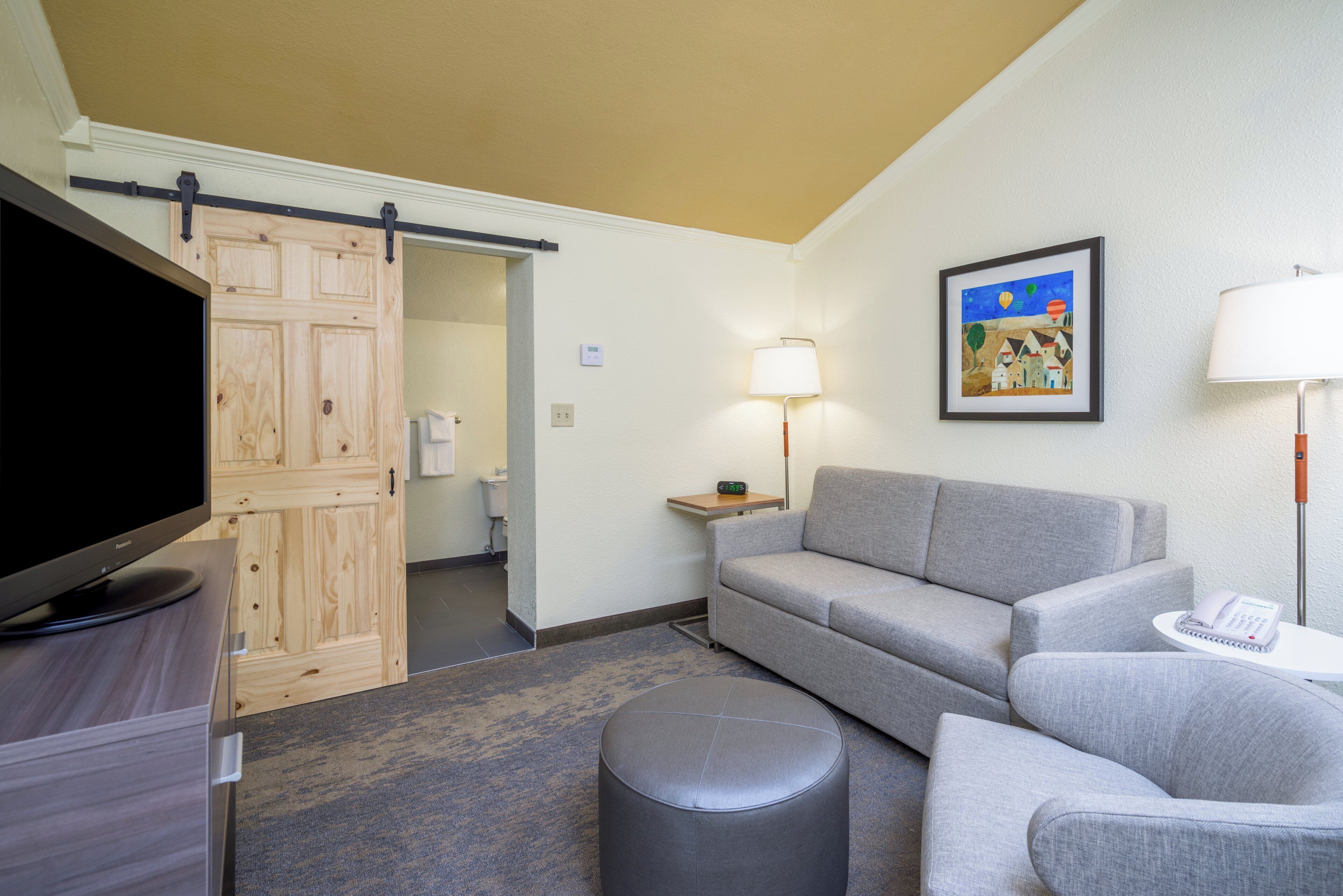 Habitación de hotel con televisión, sofá, reposapiés, un cuadro y una lámpara.
