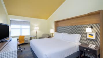A hotel room with a bed, bedside table, lamp, chair, desk with a computer, and a television.