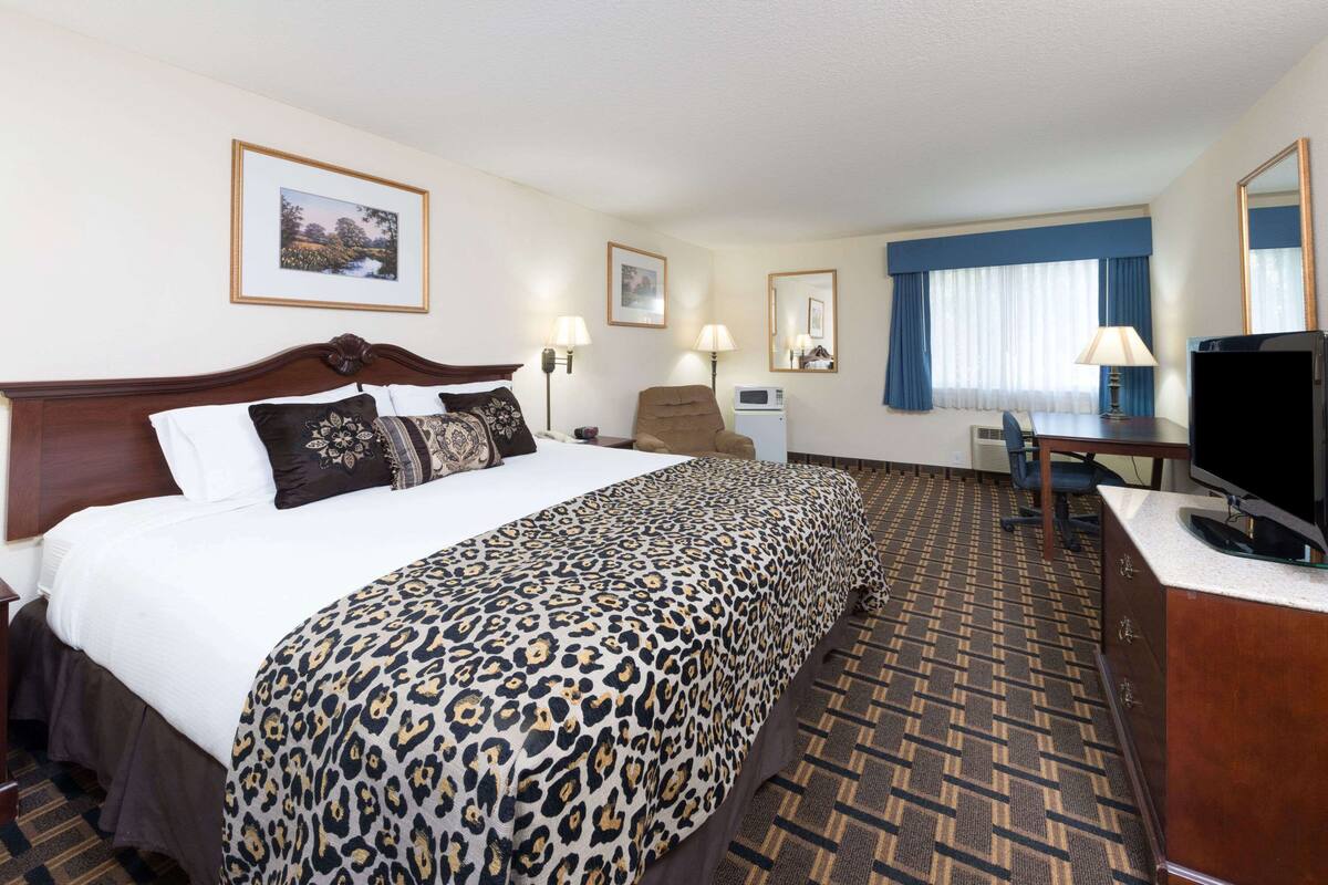 Une chambre d’hôtel avec un grand lit, un bureau avec un ordinateur, une télévision et une chaise.