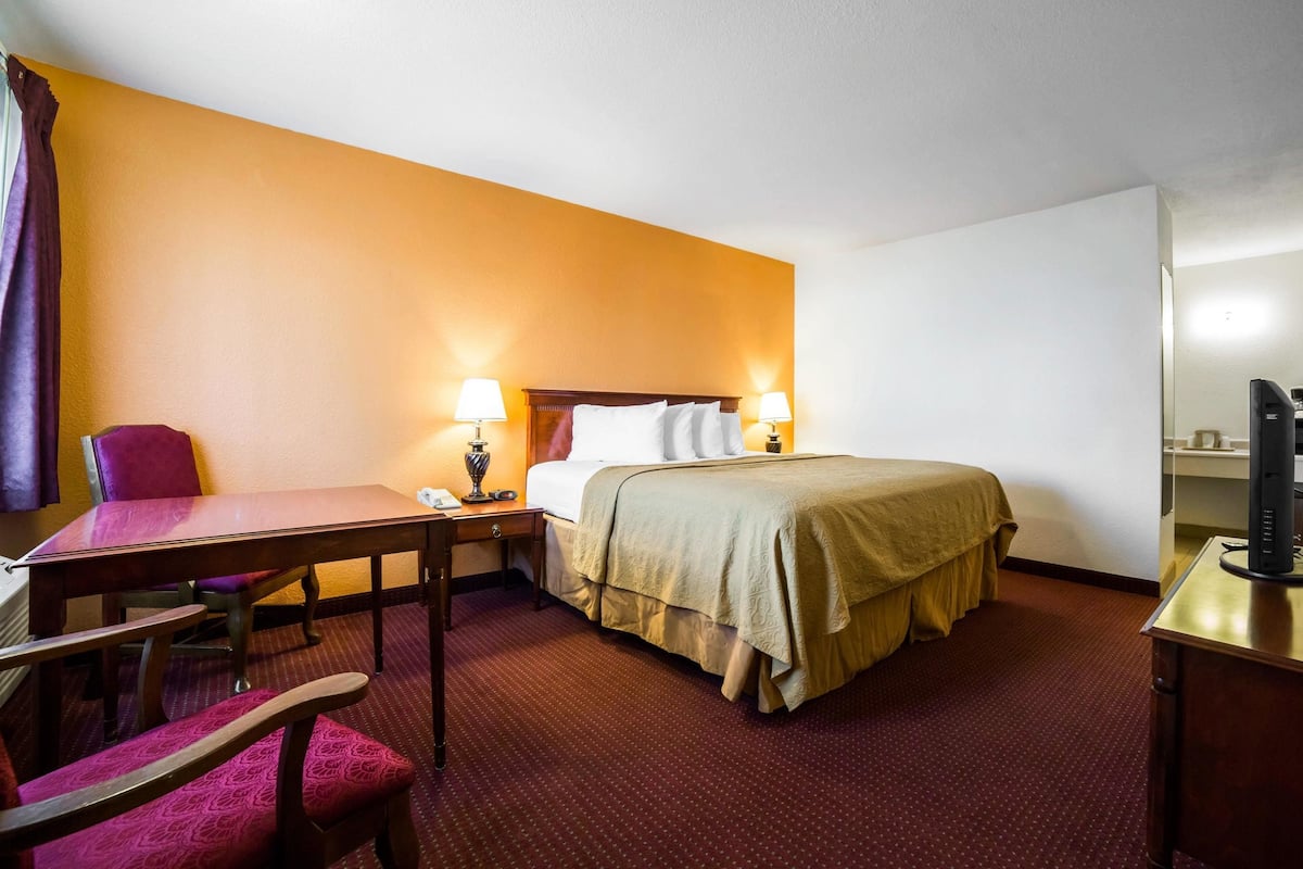 A hotel room with a bed, a desk, a chair, and a television.