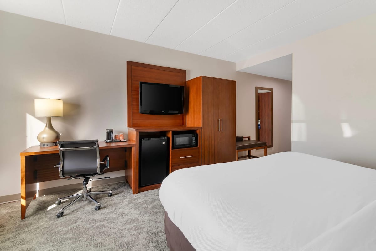 A hotel room with a bed, desk, chair, television, microwave, and wardrobe.