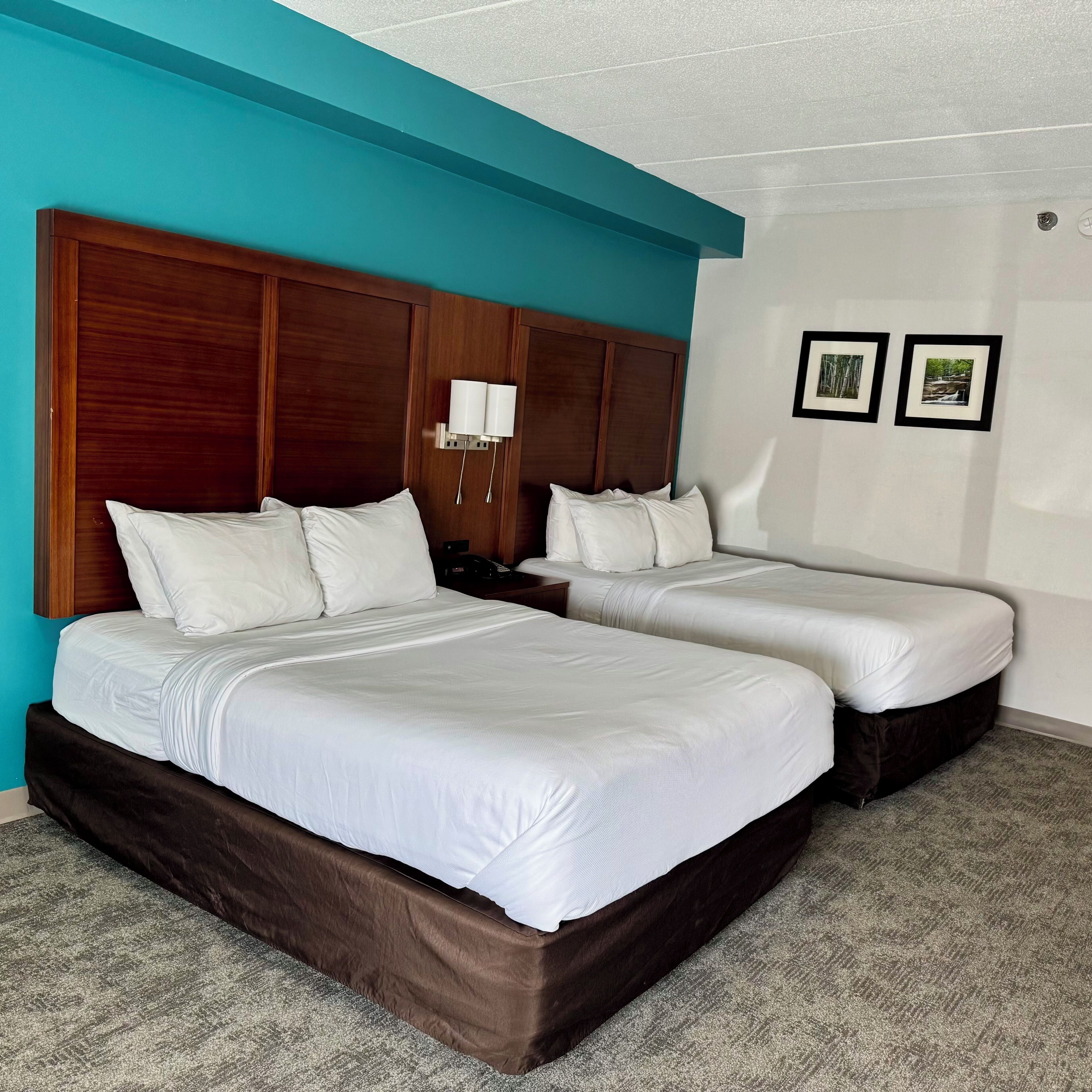 A hotel room with two beds, a wooden headboard, a wall-mounted lamp, and framed pictures.
