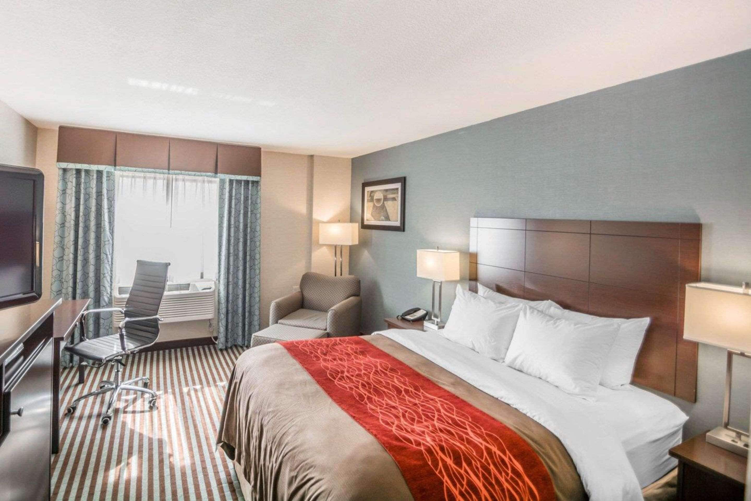 premium bedding, pillow-top beds, desk, blackout curtains