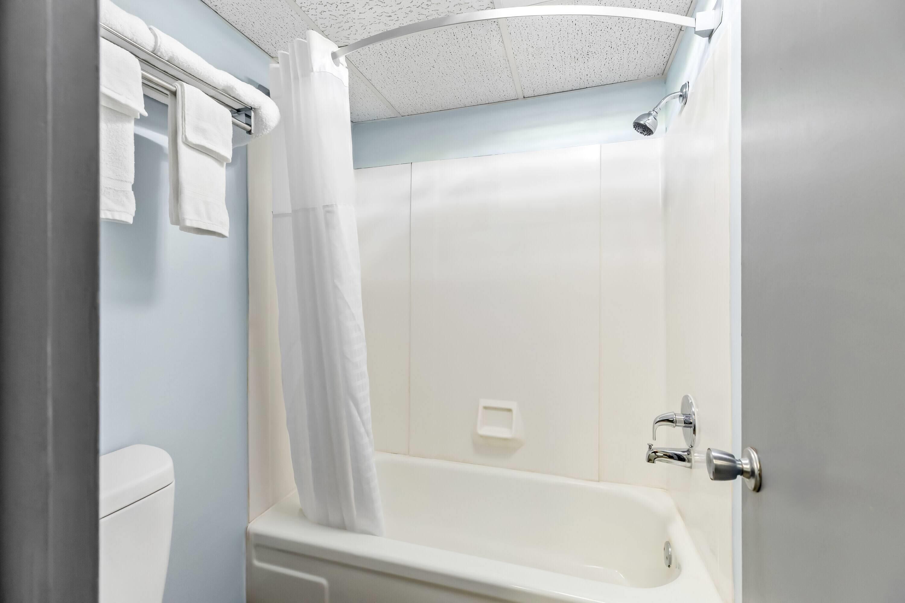 Un baño con bañera, ducha e inodoro.