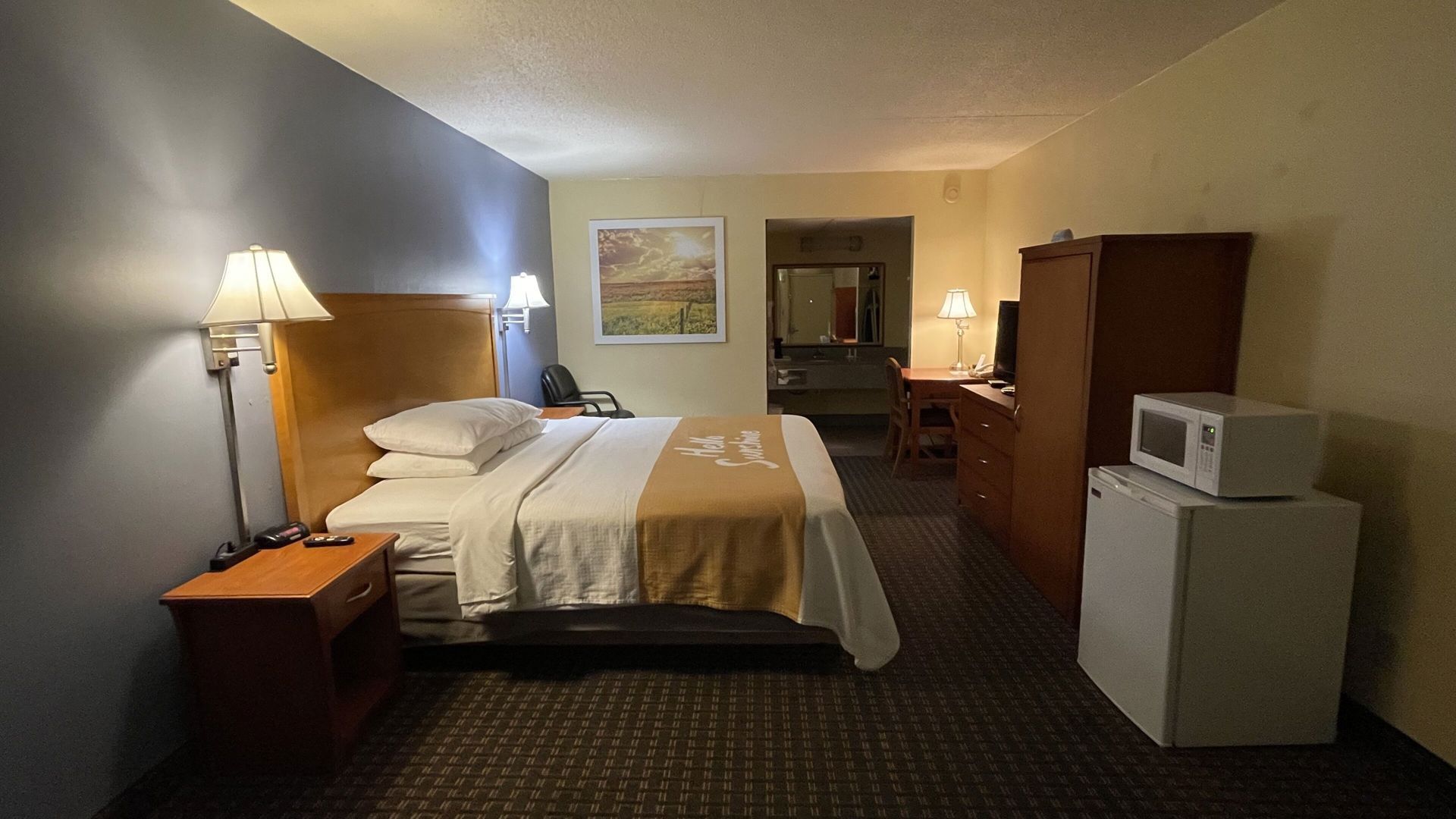 Premium bedding, desk, blackout curtains, iron/ironing board