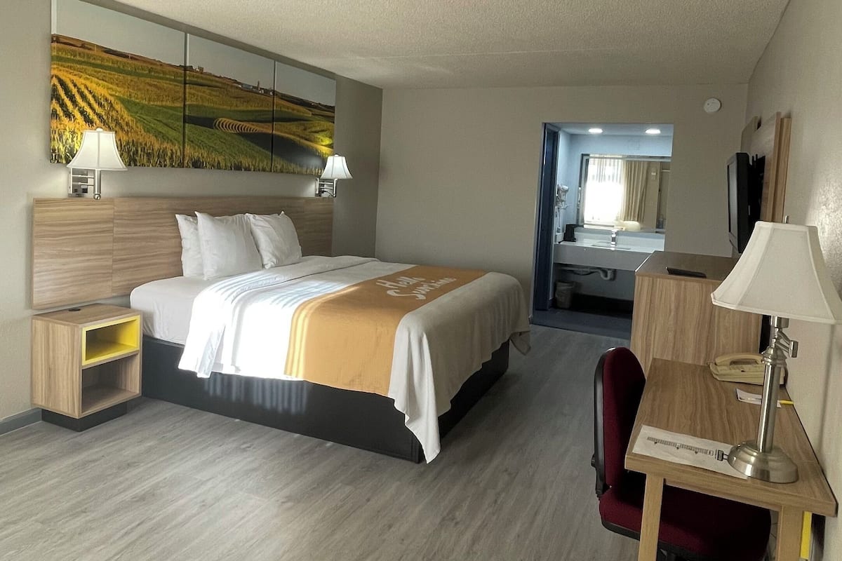 Une chambre d’hôtel avec un grand lit, un bureau, une chaise, une table de chevet, une lampe et un tableau au mur.