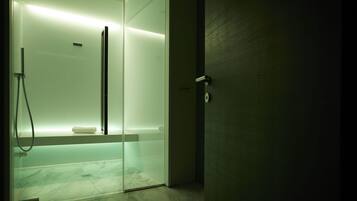 Bathroom features a glass shower enclosure with a bench and towel rack.