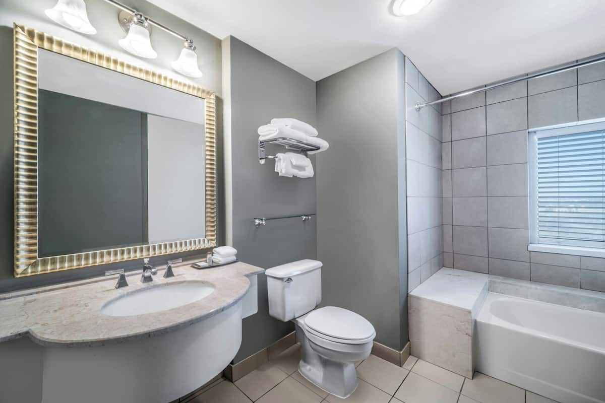 combined shower/bathtub, free toiletries, hair dryer, bathrobes