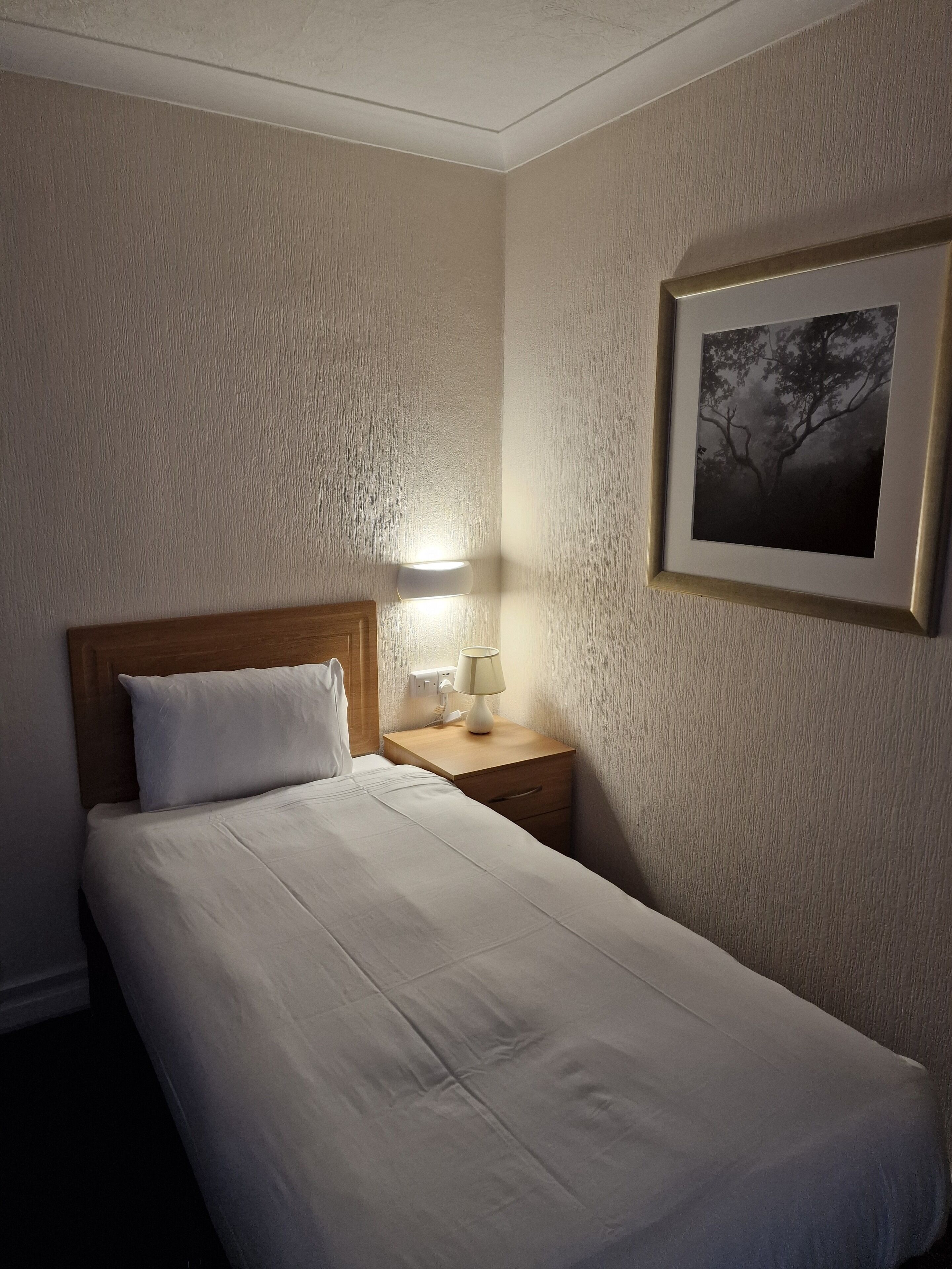 En pænt redt seng med hvide sengetøj i et hotelværelse. Der er et trænatbord med en lampe og et billede i ramme på væggen.