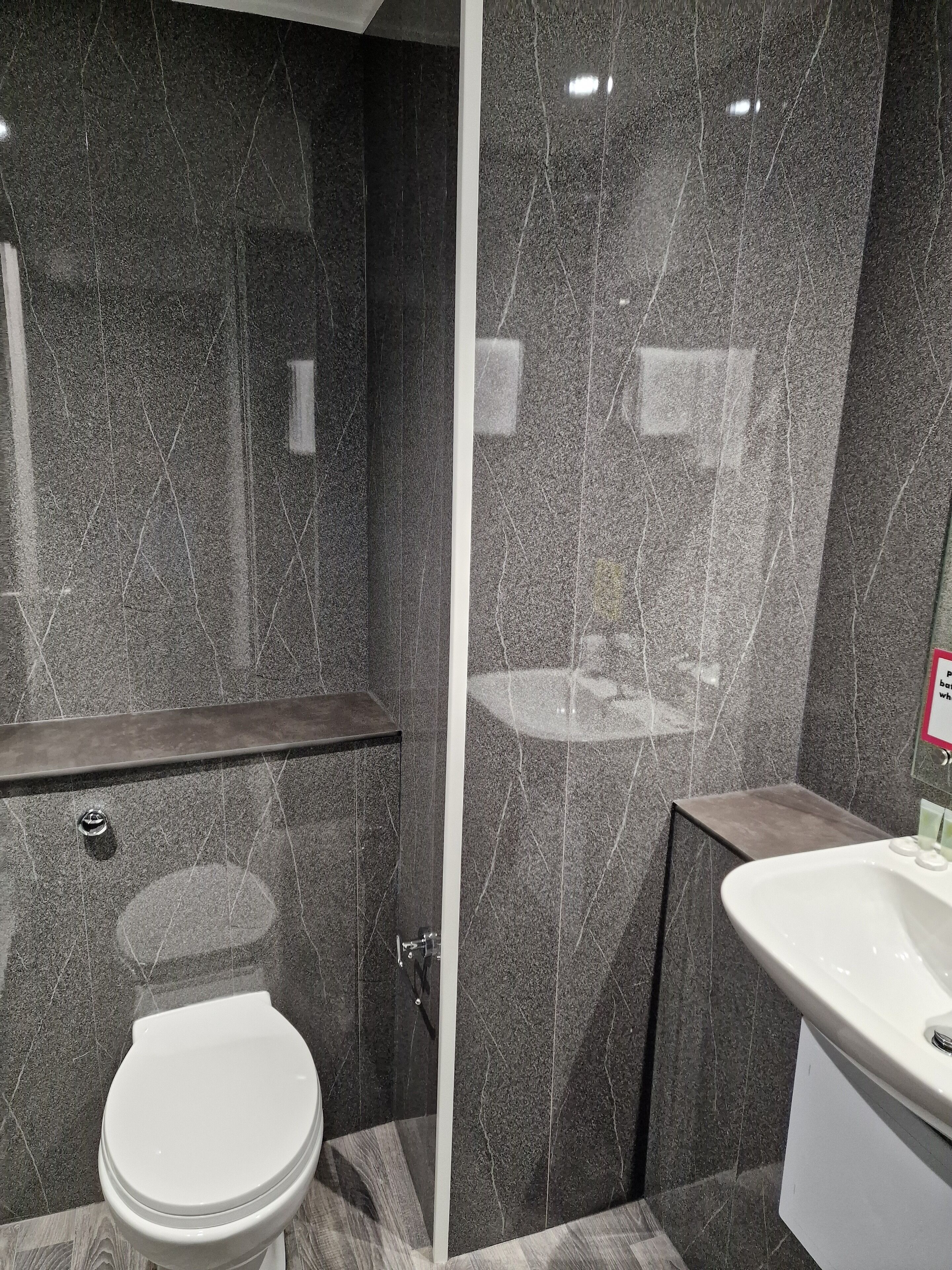 A modern bathroom with a white toilet, a sink, and dark marble walls.