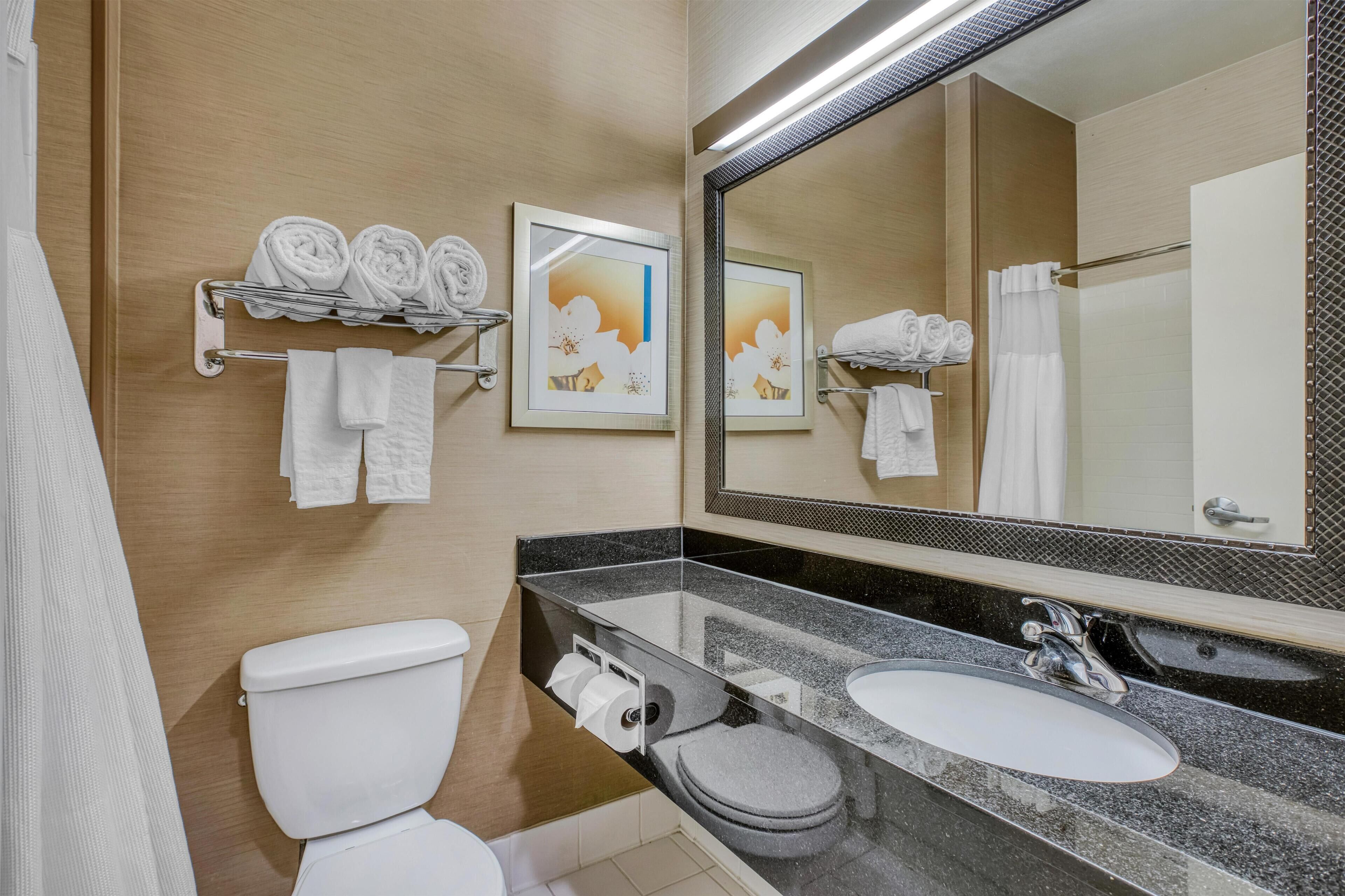 Un baño moderno con inodoro, lavabo y un espejo grande. Hay toallas y un cuadro en la pared.